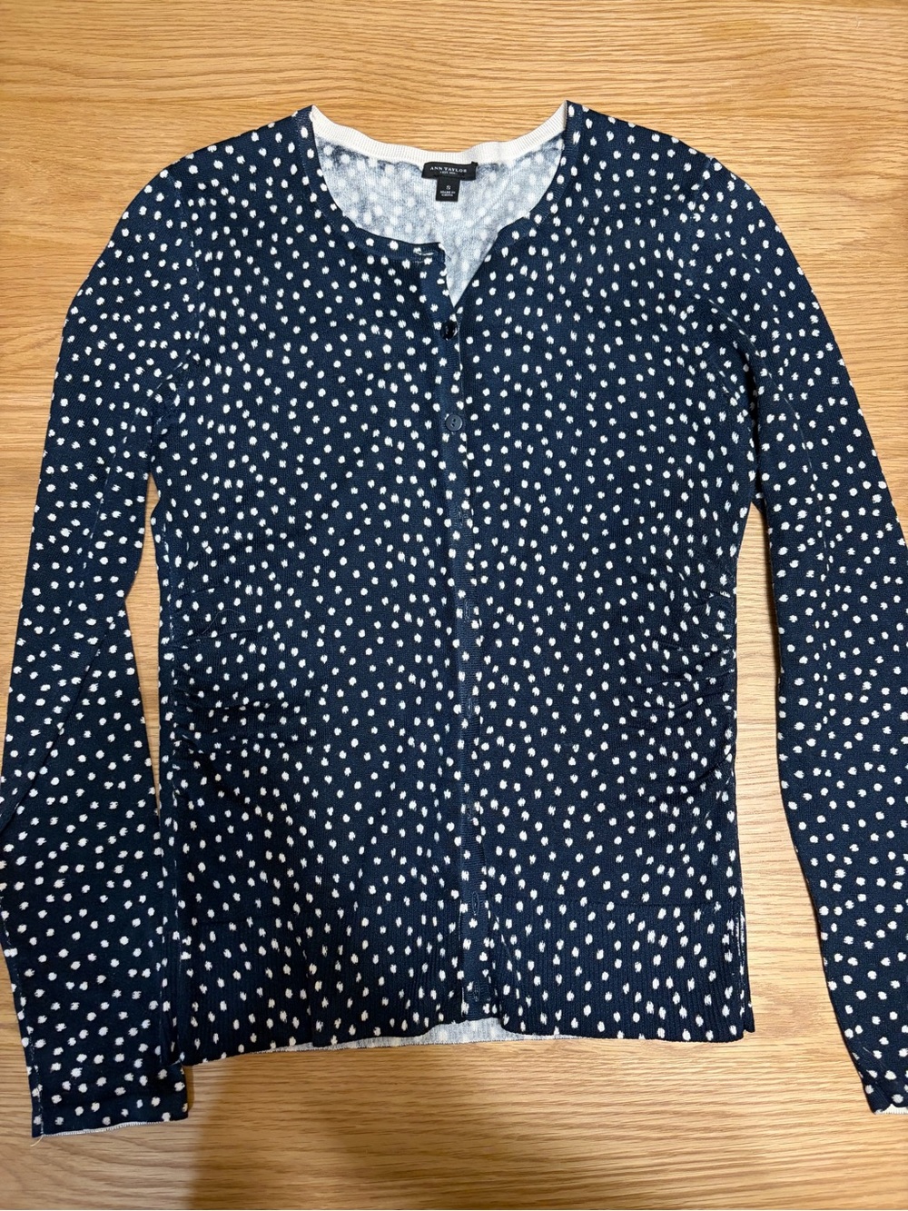 Silk Cashmere Ann Taylor Navy and White Polka Dot Button-Front Cardigan